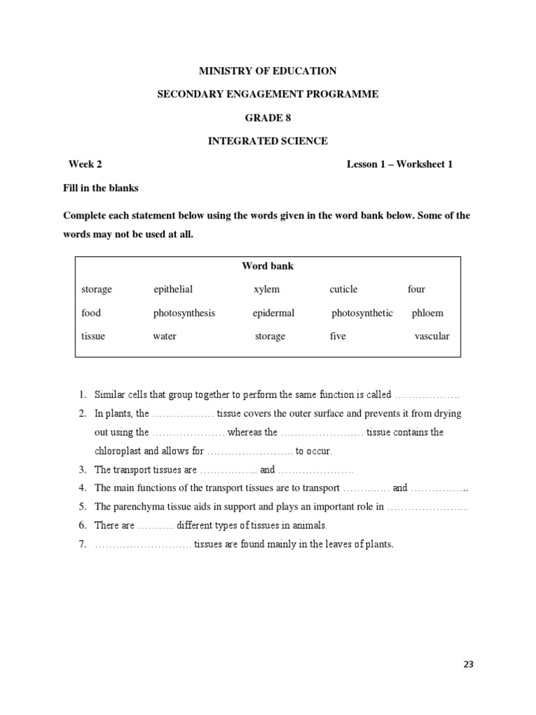 Grade 8 Integrated Science Worksheet | PDF | Tissue (Biology) | Plants