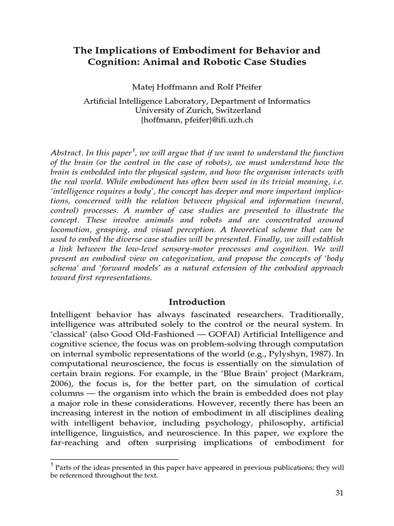 Embodiment's Role in Behavior and Cognition | PDF | Embodied Cognition ...