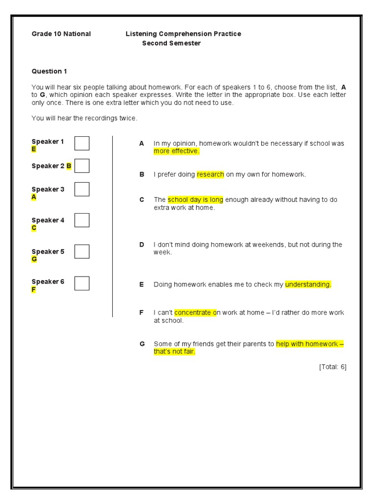 Grade 10 Listening Comprehension Practice | PDF | Cognition