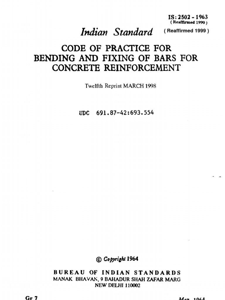 IS 2502-1963 - Code of Practice For Bending and Fixing of Bars For ...