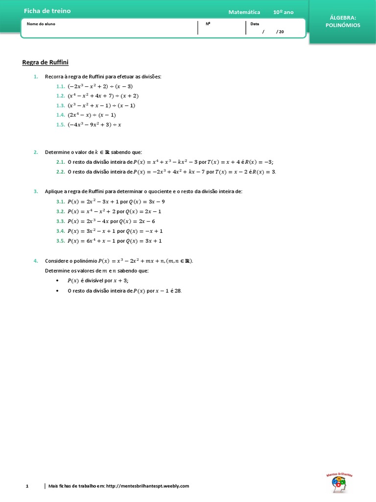 Exercícios da Regra de Ruffini | PDF