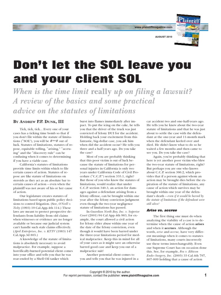 Don't Let The SOL Leave You and Your Client SOL | PDF | Statute Of ...