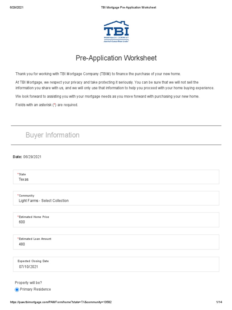 TBI Mortgage Pre-Application Worksheet 1 | PDF | Mortgage Loan | Renting