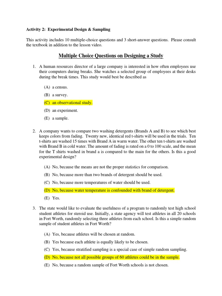 Multiple Choice Questions On Designing A Study Activity 2 Experimental Design & Sampling PDF