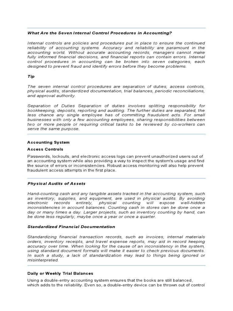 Seven Internal Control Procedures in Accounting | PDF | Internal ...