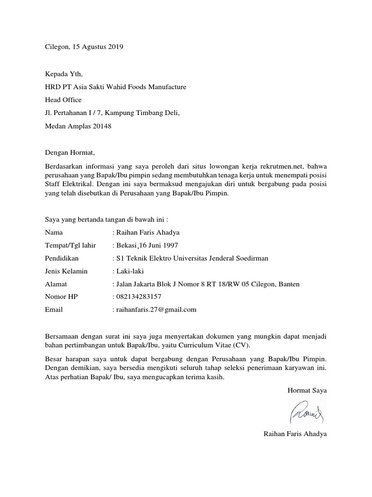 Surat Lamaran PT Asia Sakti Wahid Foods Manufacture - Raihan | PDF