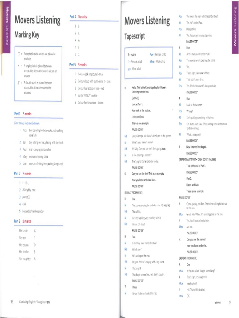 Cambridge Movers Sample Paper V1 (2018) Answer Key PDF
