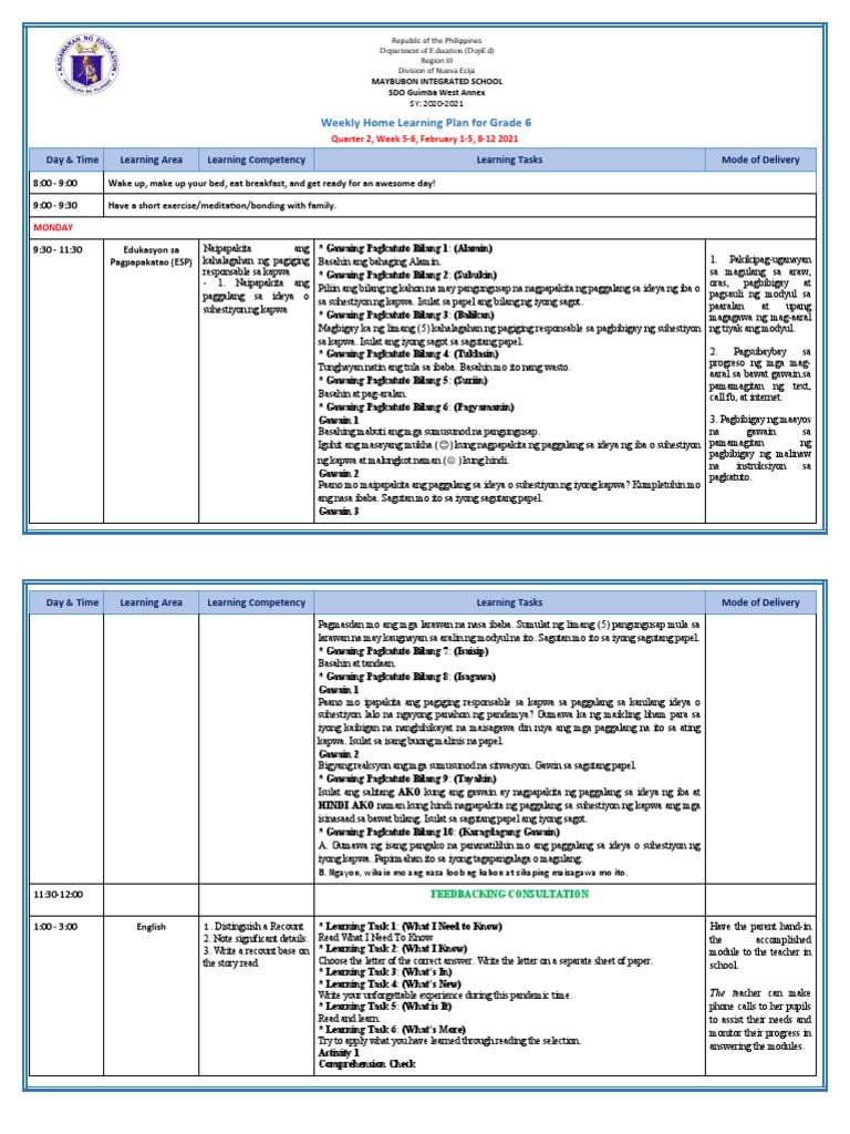 WHLP Detailed Grade 6 Q2 W5 All Subjects | PDF