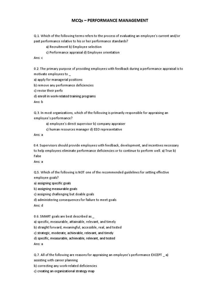 Performance Management Techniques MCQs | PDF | Performance Appraisal ...