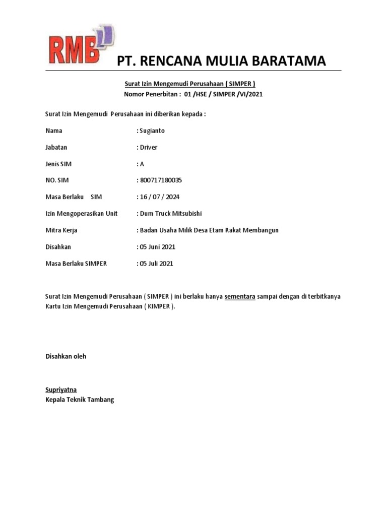 Surat Izin Mengemudi Perusahaan (SIMPER) | PDF
