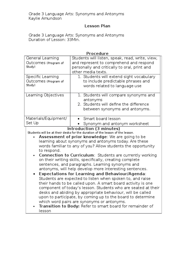 Grade 3 Lesson Plan: Synonyms & Antonyms | PDF | Worksheet | Learning