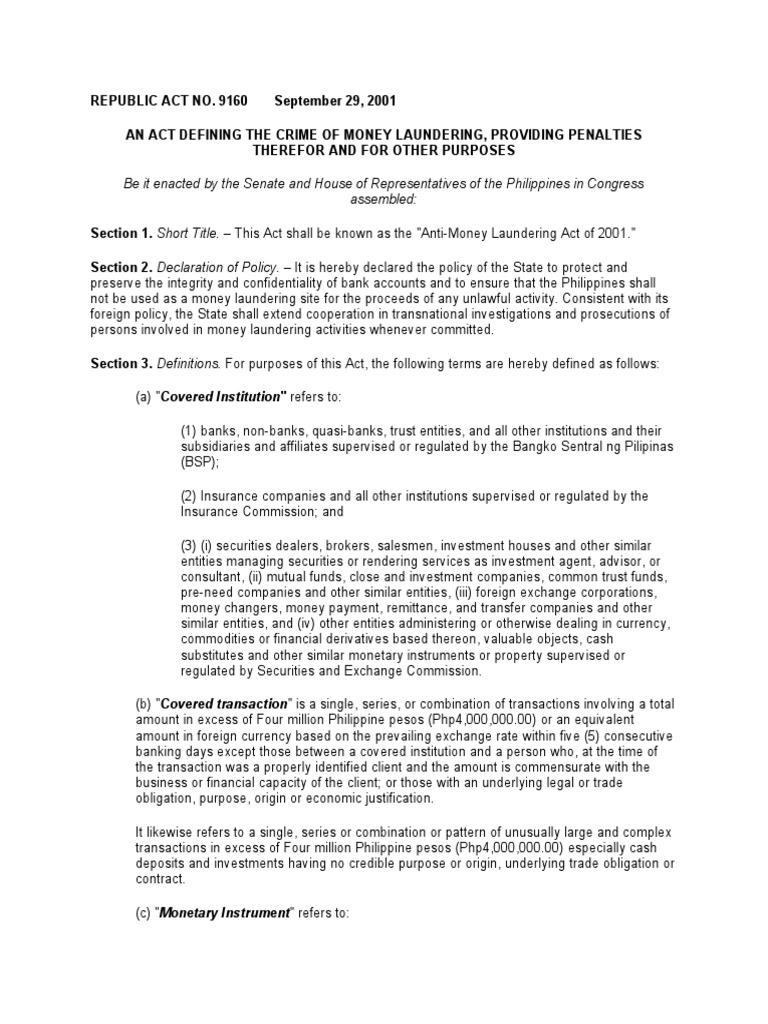 The Anti-Money Laundering Act of 2001: Defining Money Laundering ...