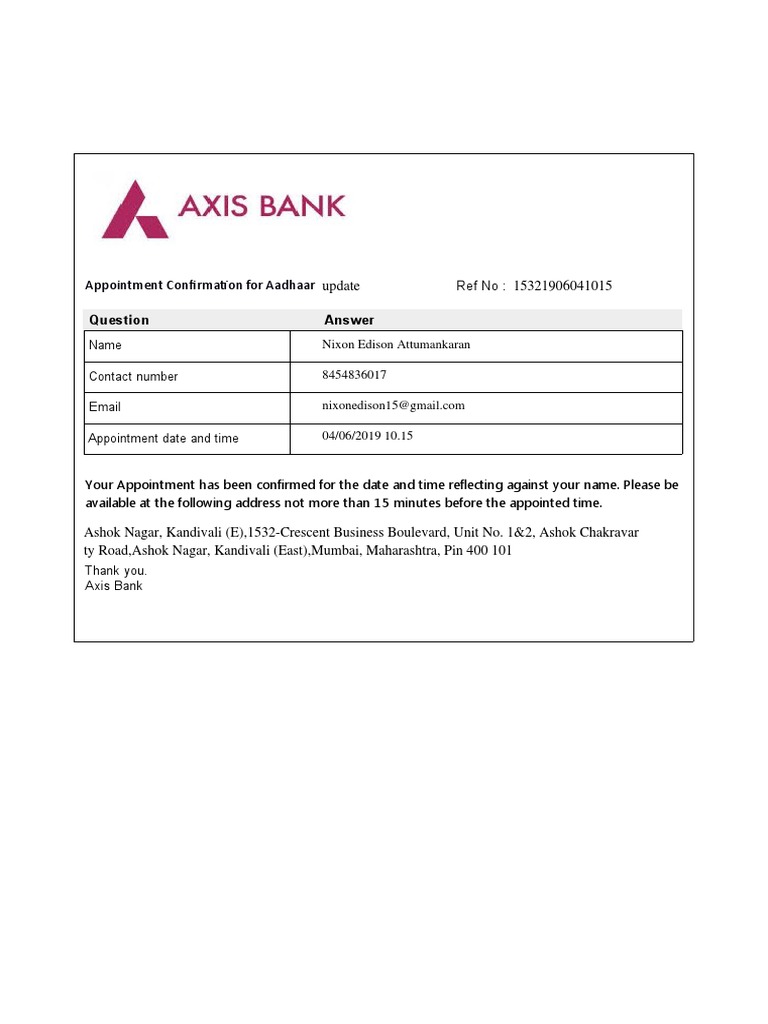 Appointment Confrmaton For Aadhaar: Update 15321906041015 | PDF ...