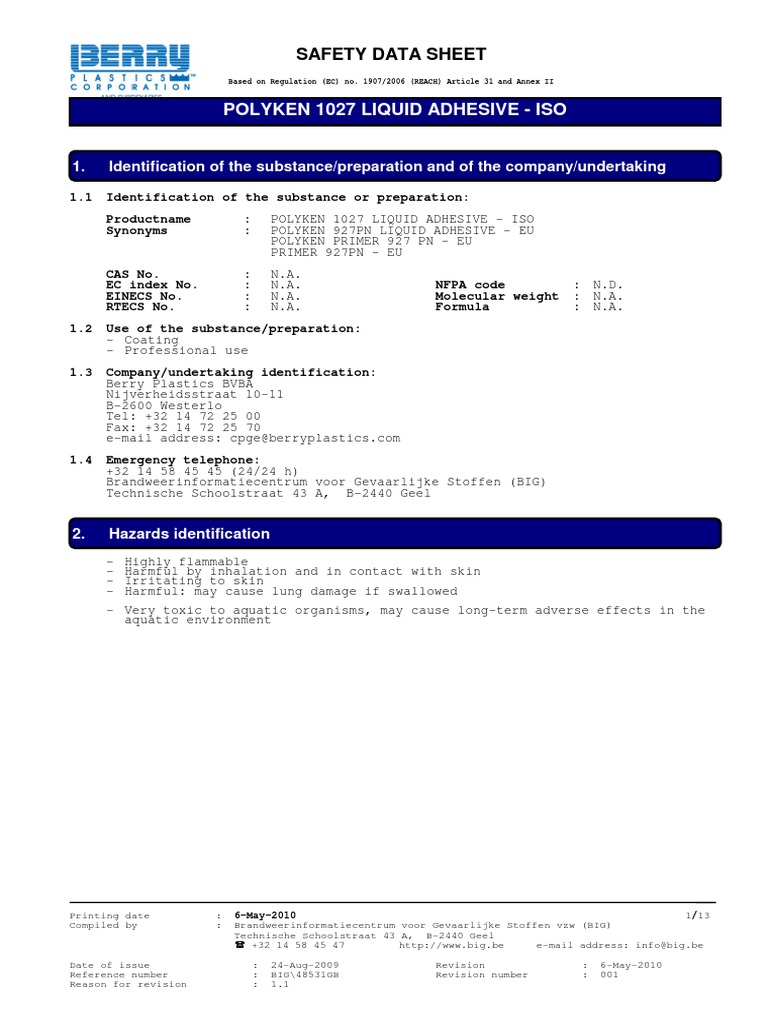 Polyken 1027 Liquid Adhesive Iso Safety Data Sheet PDF Firefighting Dangerous Goods