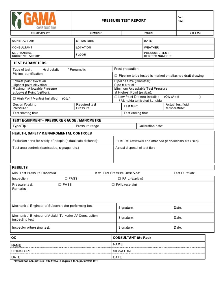 F QAQC 017 PTR Pressure Test Report PDF Pipe (Fluid Conveyance) Tools