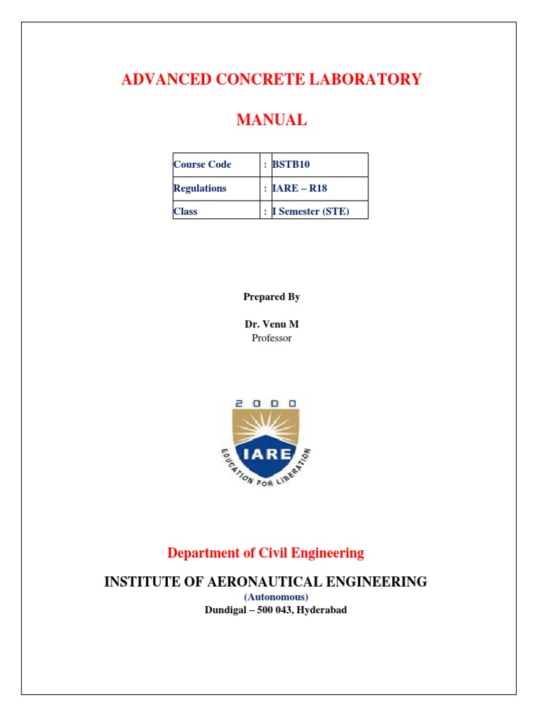 Advanced Concrete Laboratory Manual Course Code BSTB10 Regulations