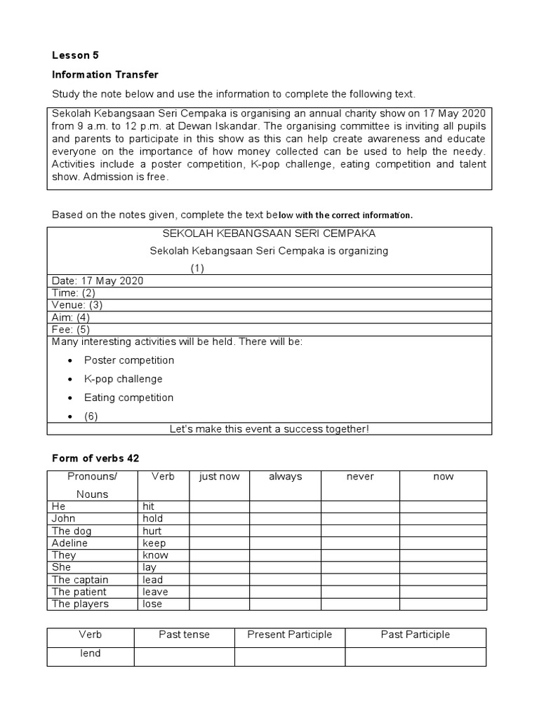Upper Primary English Exercises Lesson 5 | PDF | Verb | Linguistic Typology