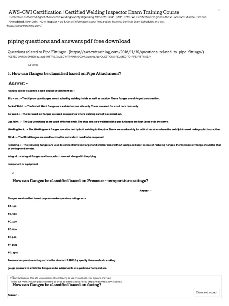 Piping Questions and Answers PDF Free Download AWS-CWI Certification ...