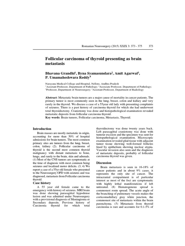 Thyroid Follicular Carcinoma Brain Metastasis | PDF | Metastasis ...