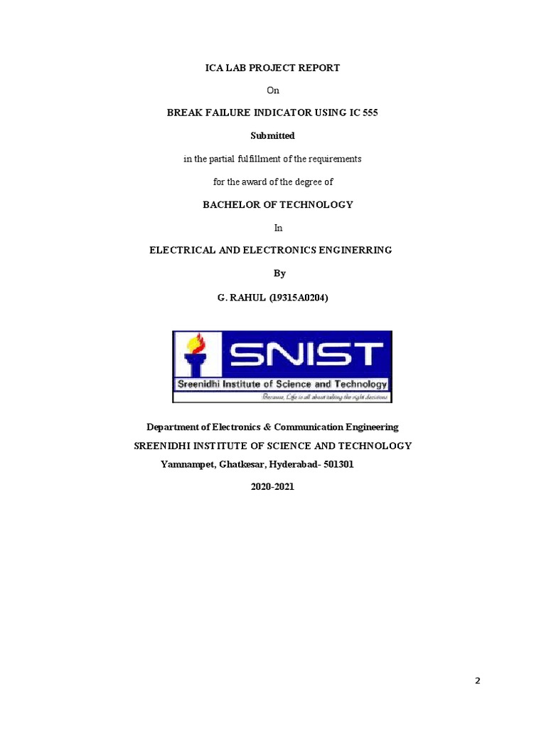 ICA LAB PROJECT REPORT ON BREAK FAILURE INDICATOR USING IC 555 PDF