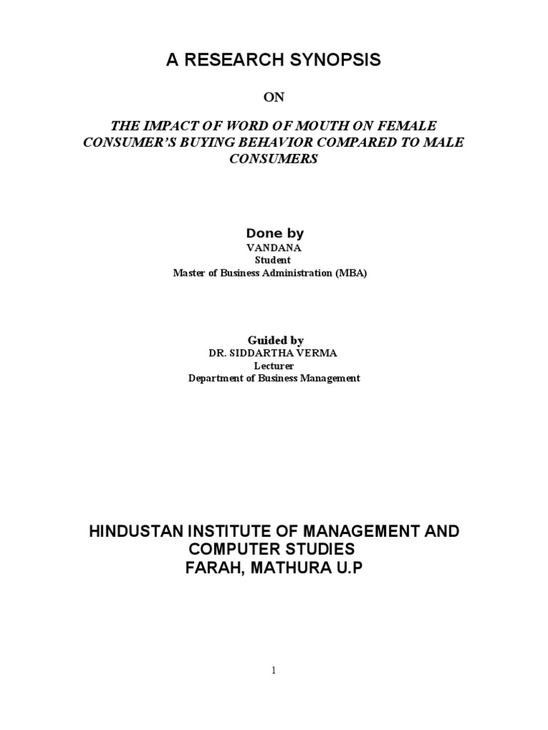Synopsis of Research Methodology | PDF | Sampling (Statistics) | Behavior
