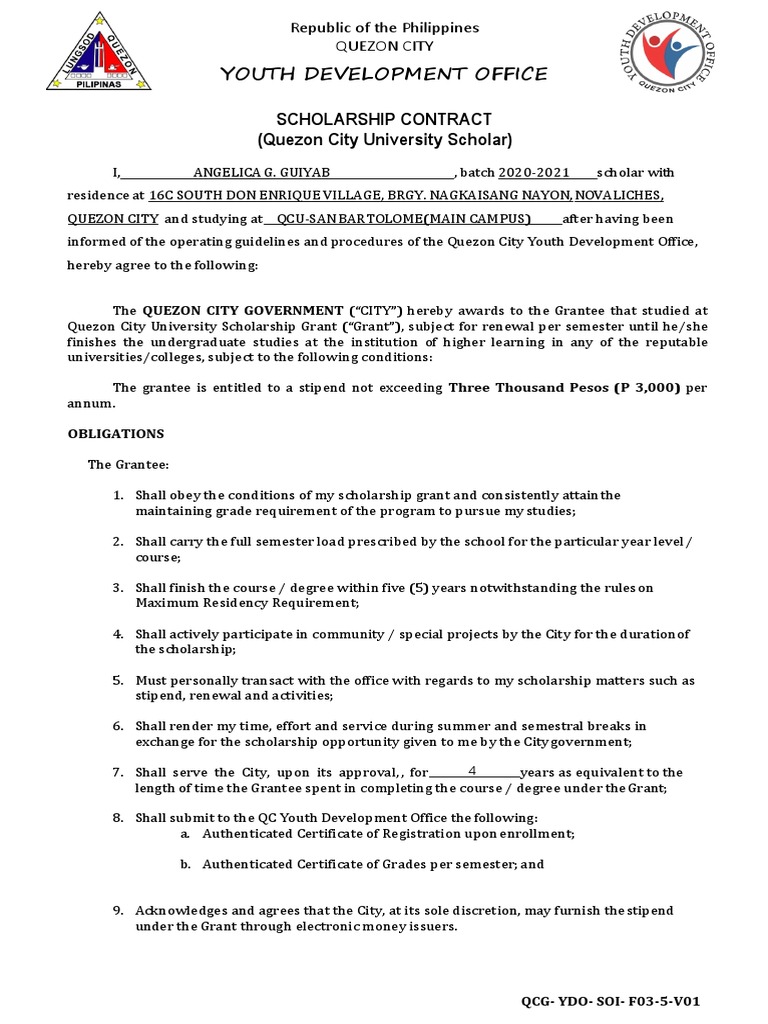 Youth Development Office Scholarship Contract (Quezon City University