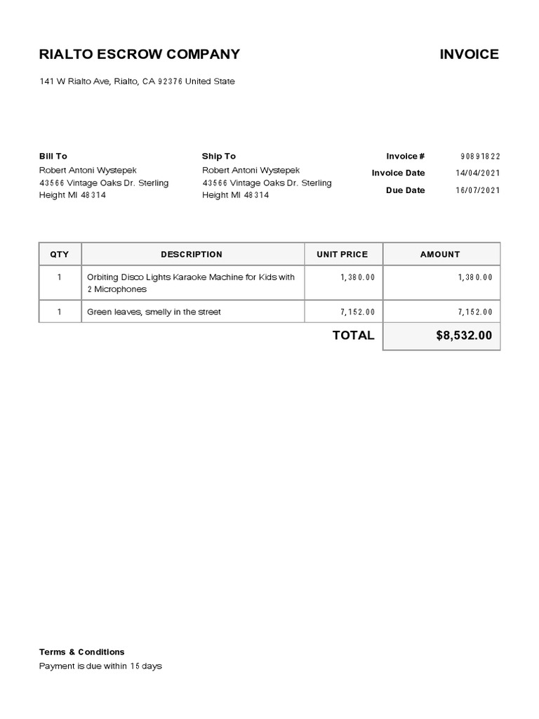 Rialto Escrow Invoice #90891822 | PDF