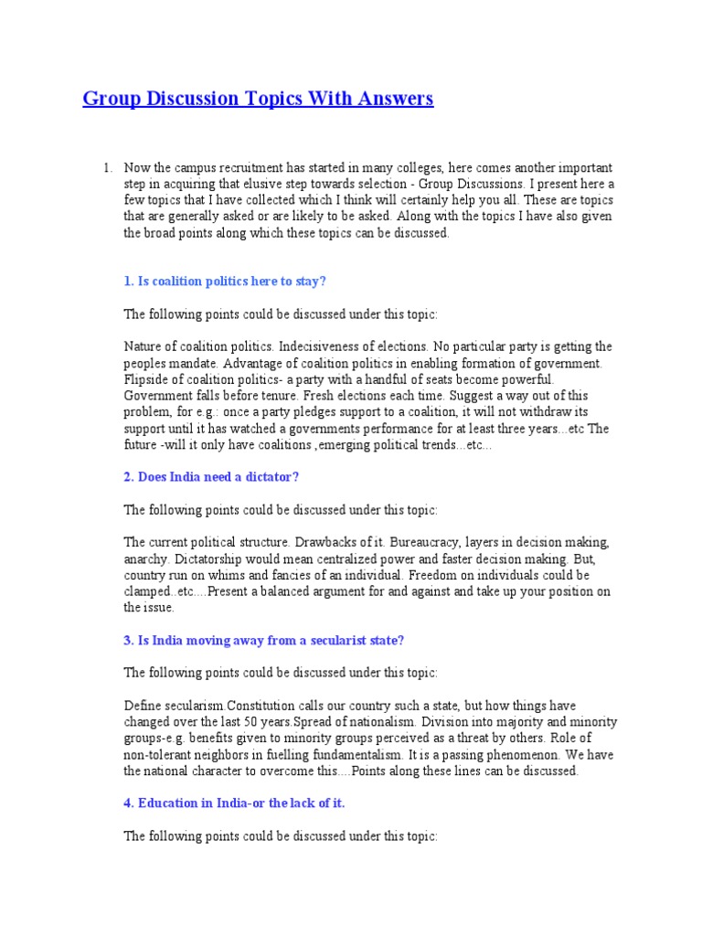 Group Discussion Topics With Answers: 1. Is Coalition Politics 
