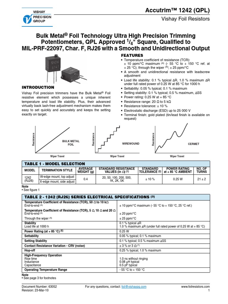 Accutrim™ 1242 (QPL) Vishay Foil Resistors PDF Resistor