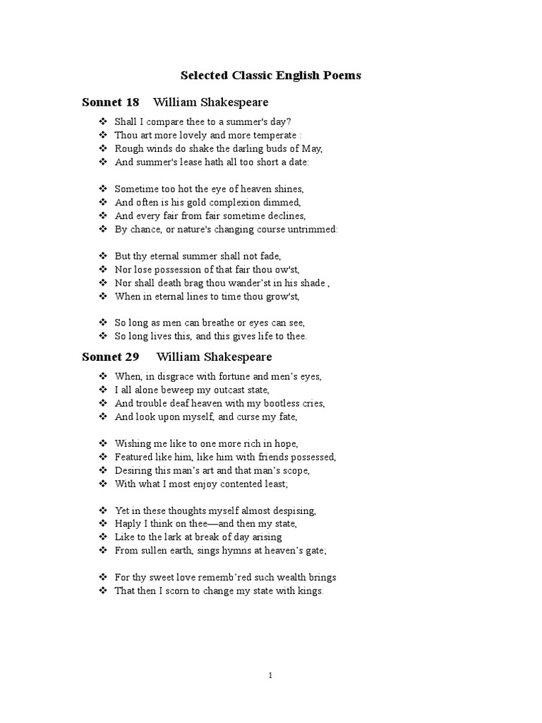 Selected Classic English Poems Sonnet 18 William Shakespeare | PDF | Poetry