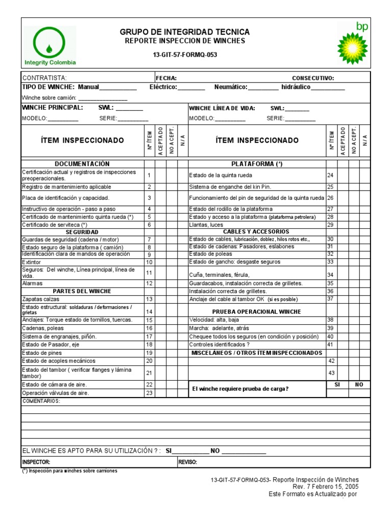 Reporte de Inspección de Winches | PDF | Engranaje | Vehículos terrestres