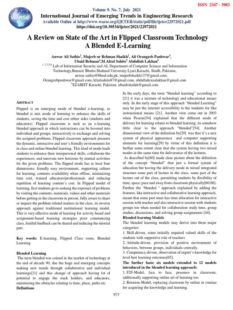 A Review On State of The Art in Flipped Classroom Technology A Blended ...