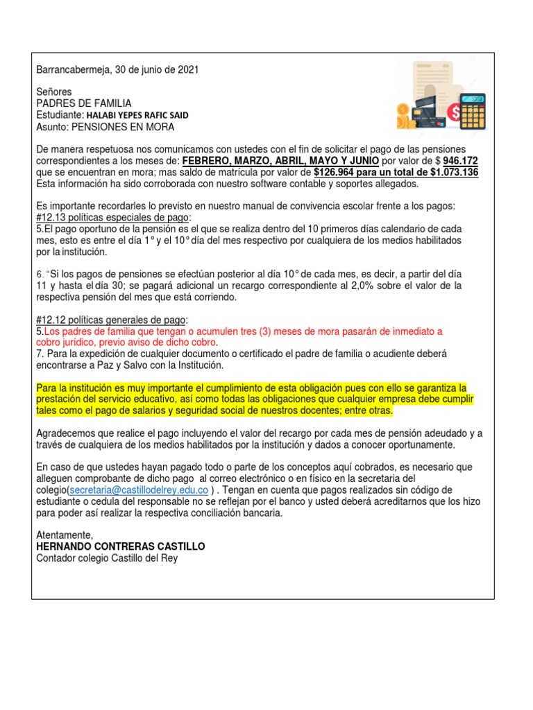 Nota Pensión Estudiante Halabi Yepes Rafic Said | PDF | Crecimiento ...