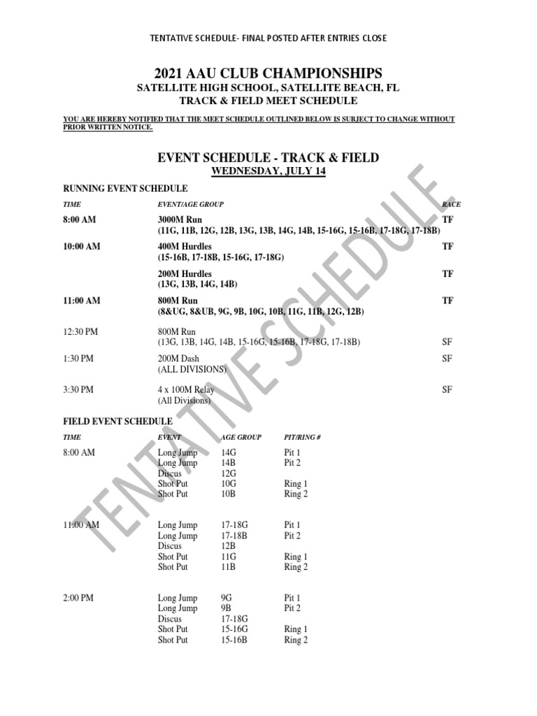 2021 AAU Club Championships Schedule PDF Track And Field Summer