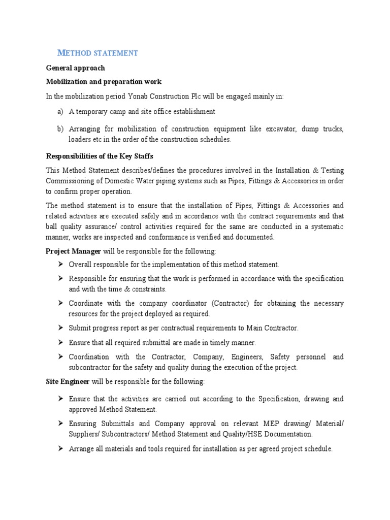 Method Statement for Water Piping Installation | PDF | Pipe (Fluid ...