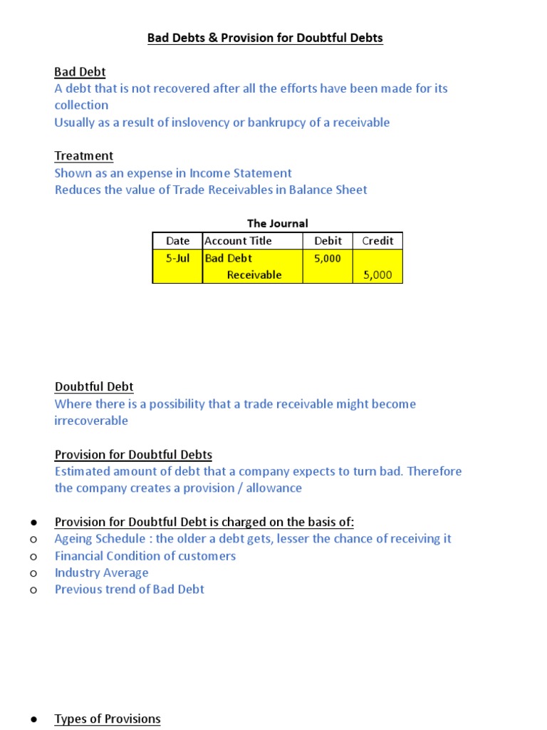 Bad Debts &amp; Provision For Doubtful Debts | PDF | Bad Debt | Debits 