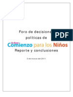 Foro de Decisiones Políticas de Un Buen Comienzo para Los Niños Reporte y Conclusiones