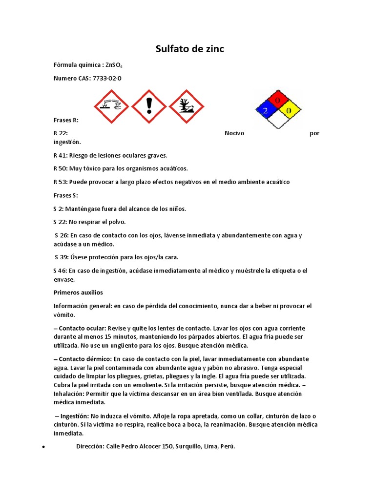 Ficha de Seguridad Del Sulfato de Zinc PDF