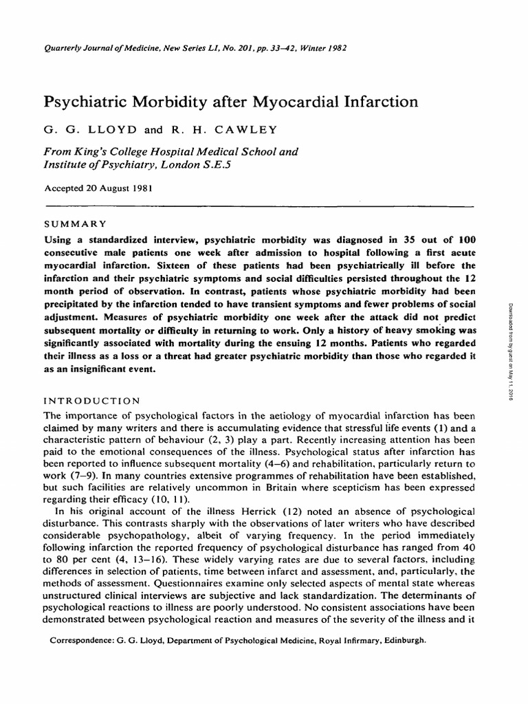 Psychiatric Morbidity After Myocardial Infarction G. G. Lloyd and R. H