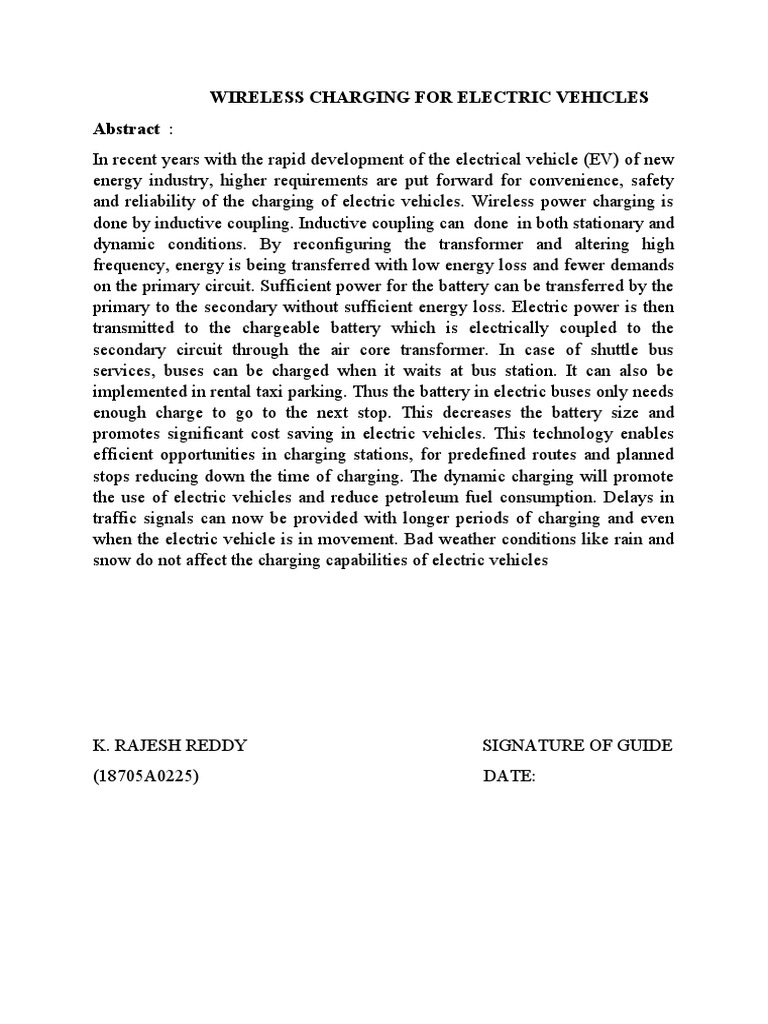 Wireless Charging For Electric Vehicles Abstract PDF