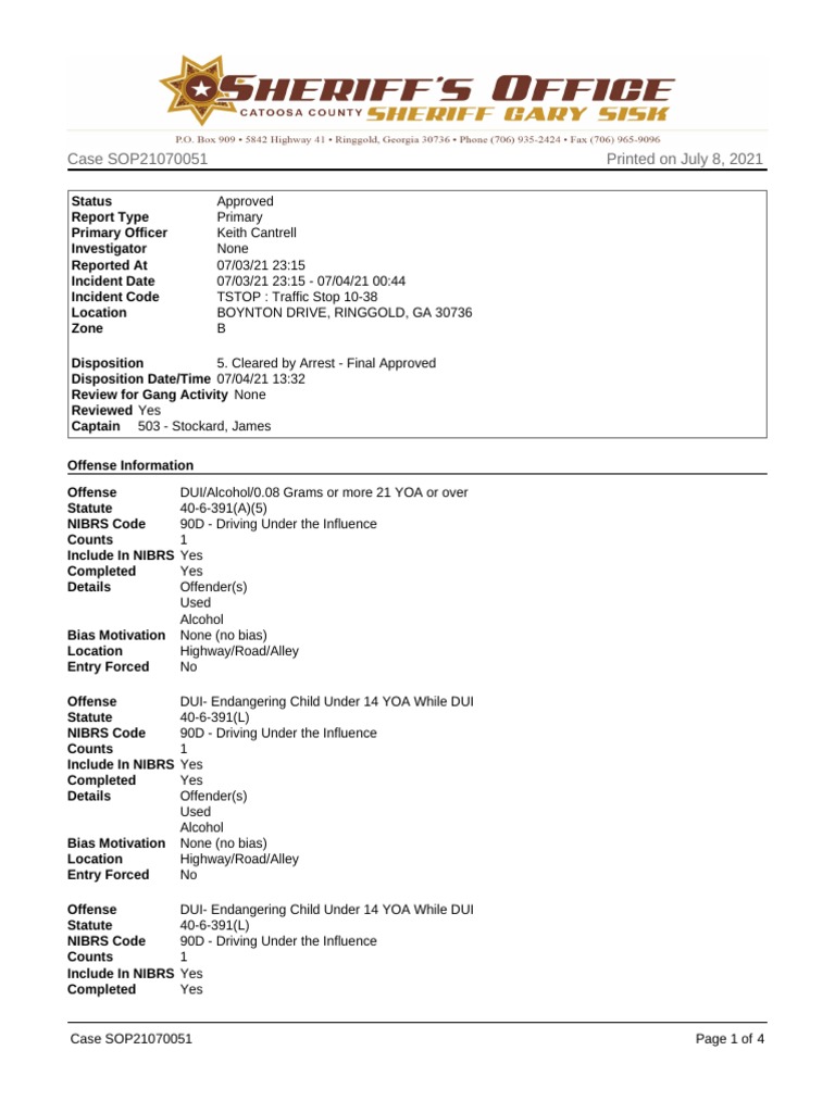 Long Arrest Report Catoosa County Sheriff's Office PDF Driving
