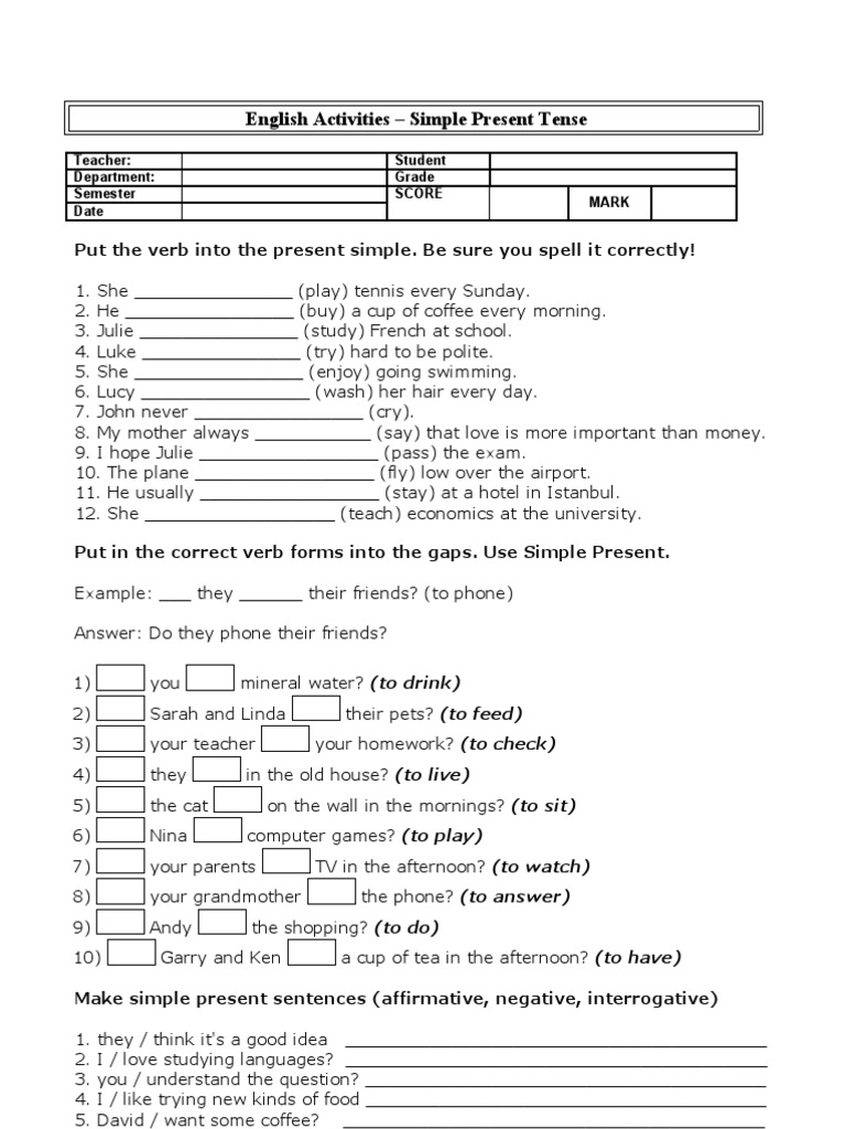 Simple Present Exercises | PDF