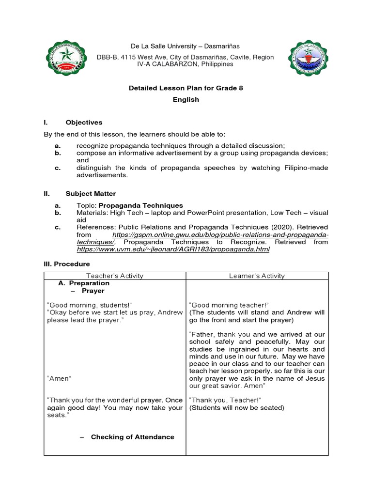 GROUP 5 - Detailed Lesson Plan For Grade 8 English | PDF | Propaganda ...