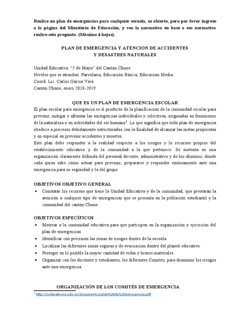 Plan de Emergencia Escolar 2018-2019 | PDF | Primeros auxilios ...