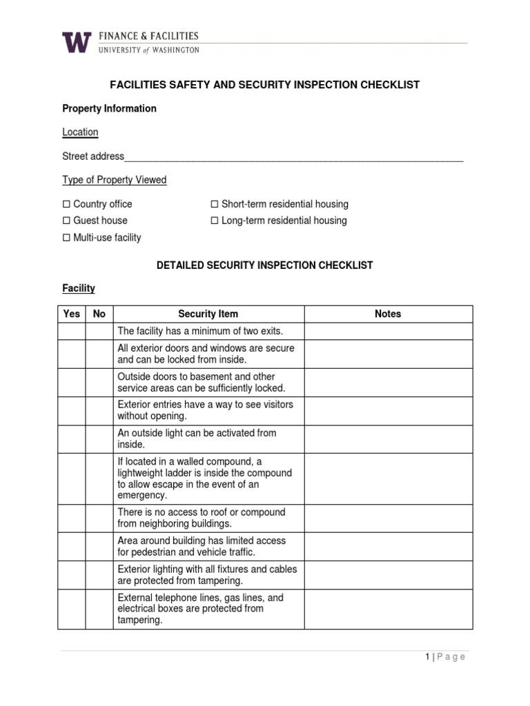 Facility Safety and Security Checklist | PDF | Door | Window
