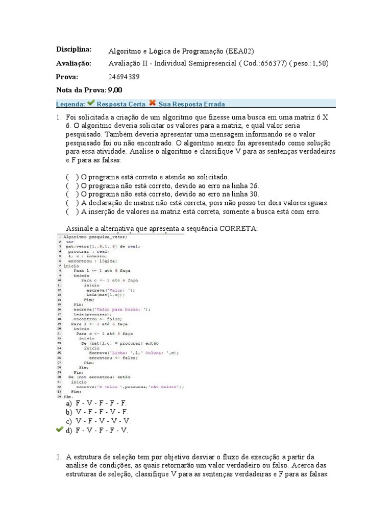 Avaliação II Algoritmo e Lógica de Programação (EEA02) - Algoritmo e Logica  de Programacao