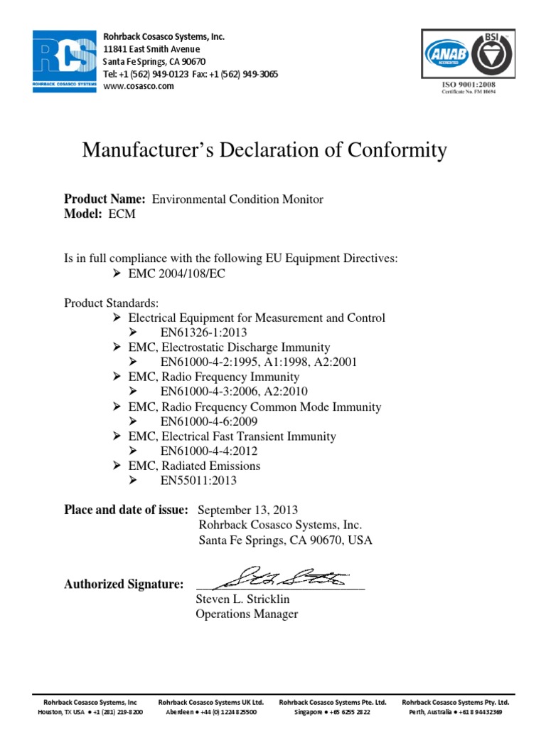 ECM Manufacturer's Declaration of Conformity PDF