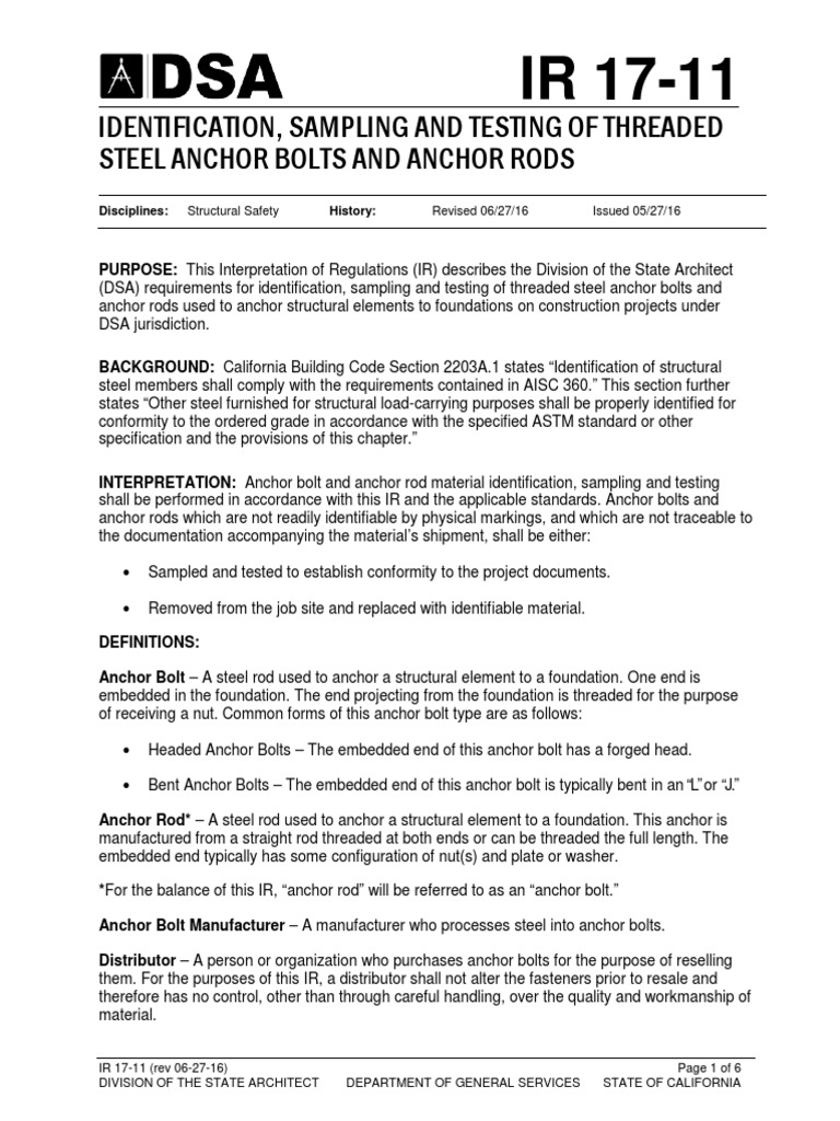 Anchor Bolt Testing and Certification Guide | PDF | Screw | Nut (Hardware)