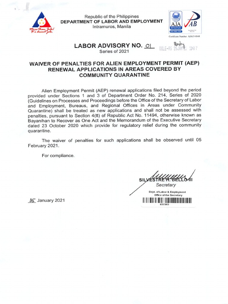 LA 01 21 Waiver of Penalties For AEP Renewal Applications in Areas