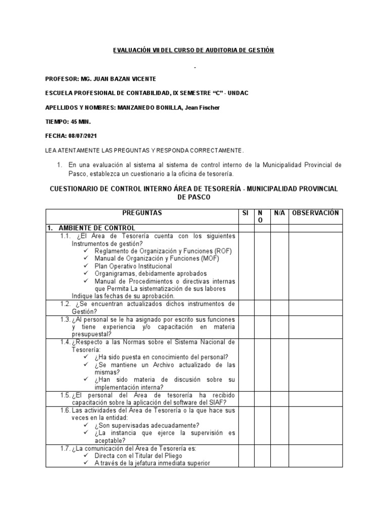 Cuestionario de Control Interno en Tesorería | PDF | Bancos | Presupuesto